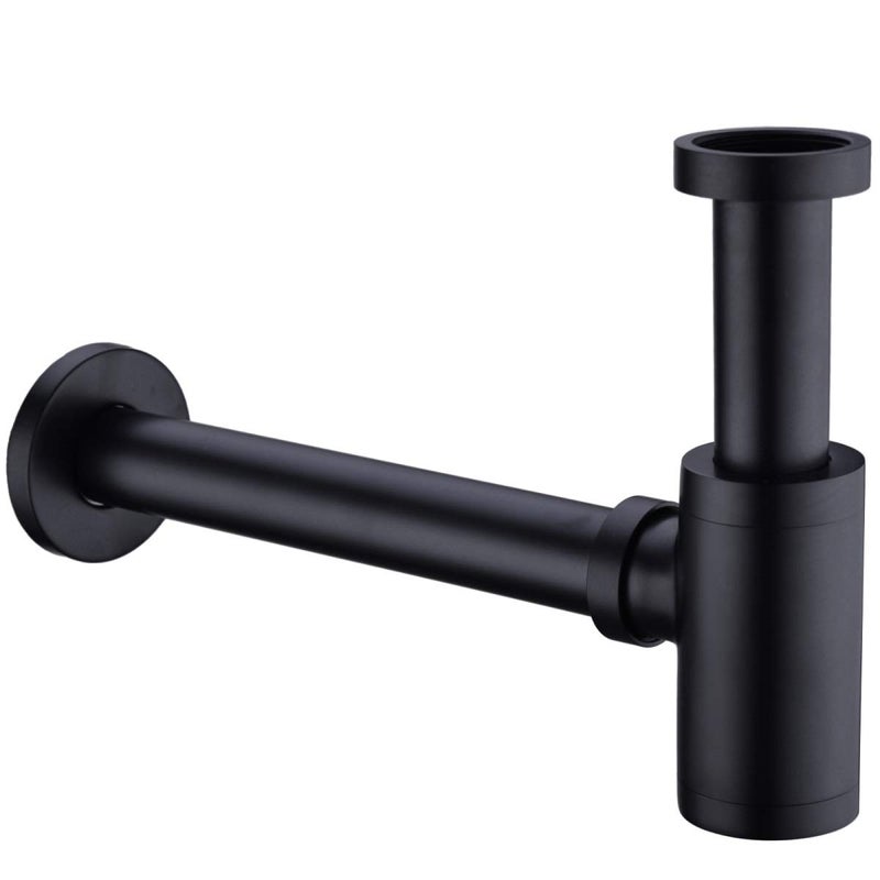 TRUSTMI Bottle P Trap Brass Round 1 1/4 Inch Decorative P-Trap, Adjustable Bathroom Basin Sink Waste Drain Kit, Wall Drainage, Matte Black - Image 1